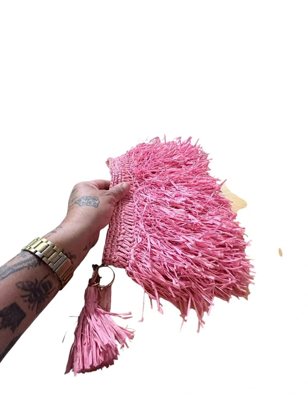 Pink Raffia Fringe Clutch with Tassel